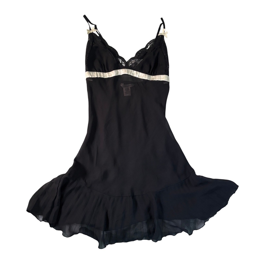 La Vie en Rose Black Sheer Lace Trim Chemise Nightgown Cream Satin Bows Small